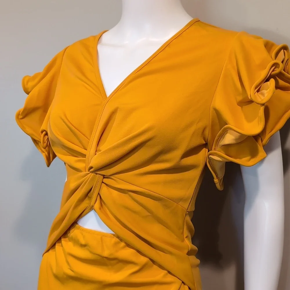 SHEIN Golden Yellow Volume Sleeve V Neck Cut Out Front Slit Back Midi Dress S